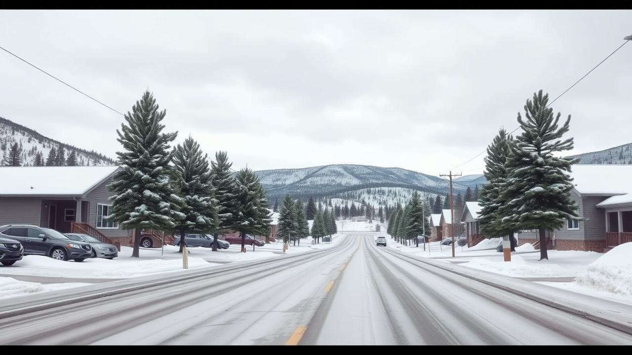 Snow-covered Northern Arizona neighborhood street near Flagstaff with pine trees
