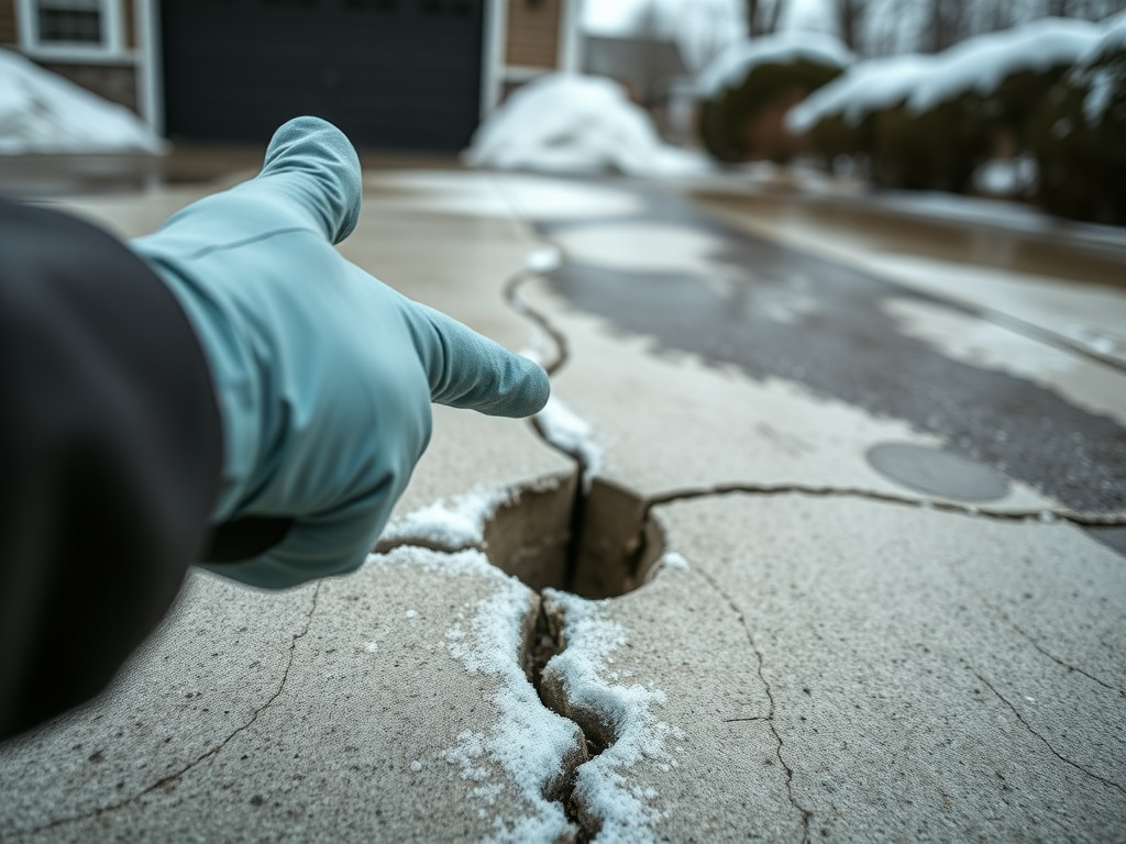 Technician inspecting freeze-thaw cracked concrete driveway
